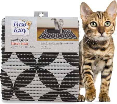 Fresh Kitty Durable XL Jumbo Foam Litter Box Mat – BPA and Phthalate Free, Water Resistant, Traps Litter from Box, Scatter Control, Easy Clean Mats – Gray Pattern 40”x 25” (9052)